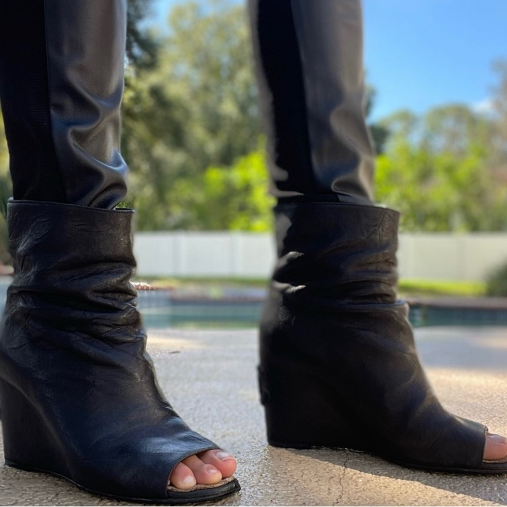CHANEL CC Logo Crumpled Leather Short Wedge Peep Toe Boots